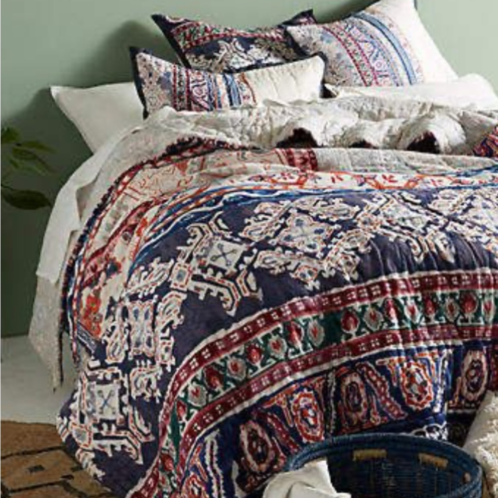 Anthropologie Blue and Red Patterned Quilt (queen)